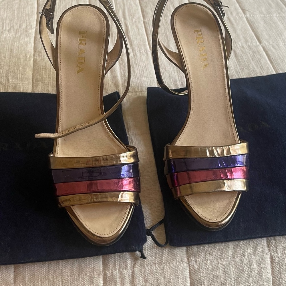 Prada Gold and Purple Sandals with Strappy Design